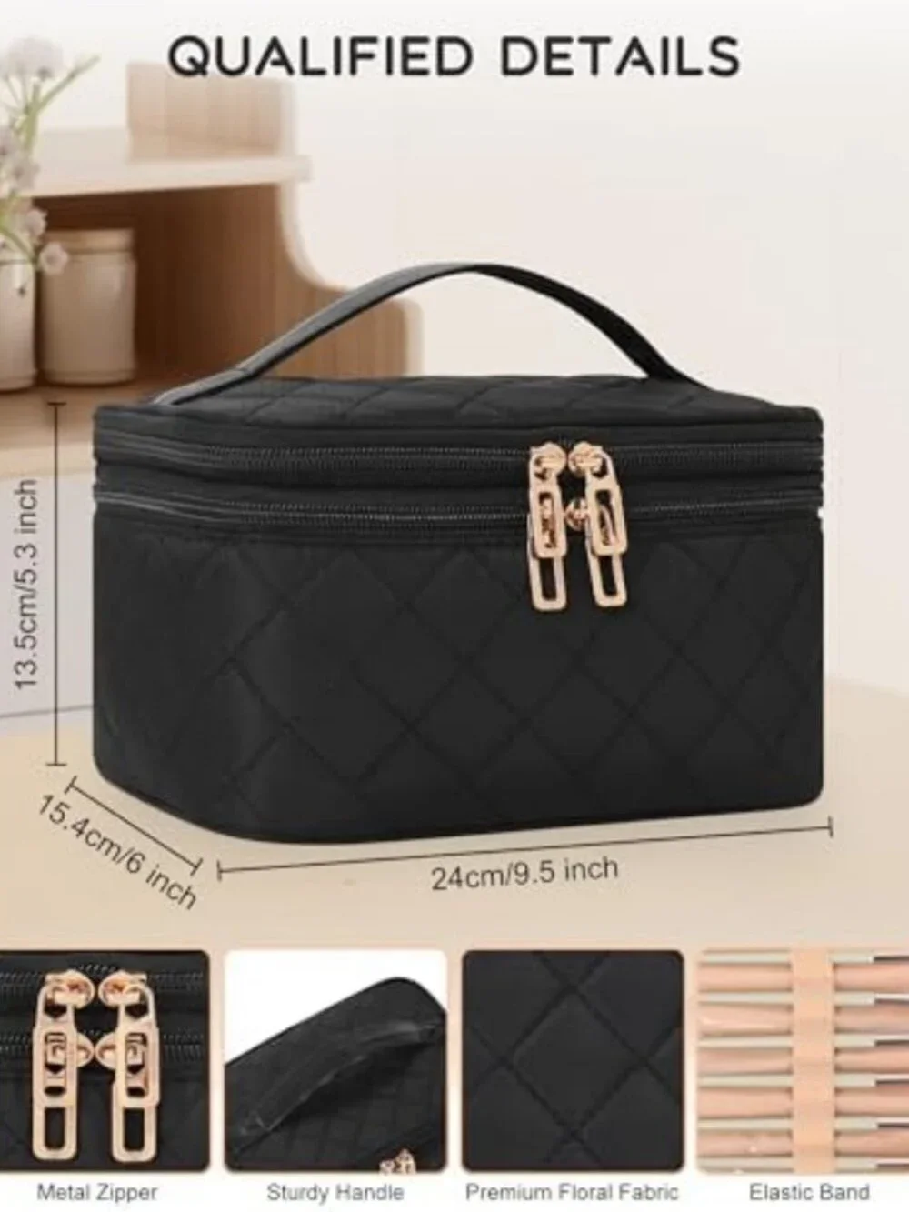 Spacious Travel Makeup Bag with Brush Holder, Organizer for Cosmetics